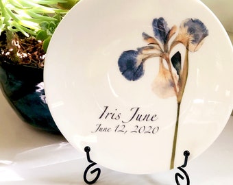 Pressed Iris Personalized Plates, Commemorative Plate, Baby's First Plate