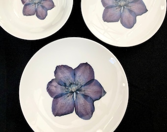Dark Purple Clematis Flower Porcelain Plates - Pressed Floral Dishes