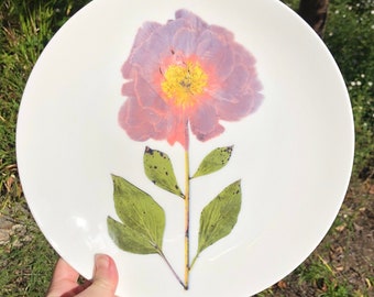 Pressed Peony plates, pressed flower plates, hostess gift, artist plates, peony porcelain plates