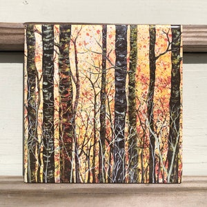 May include: A square ceramic tile with a painted image of a forest scene. The trees are tall and slender with brown bark and white branches. The background is a yellow-orange color with hints of red and orange.