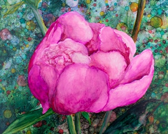 Original Pink Peony Painting - Alcohol Ink Artwork 11 x 14 Inches