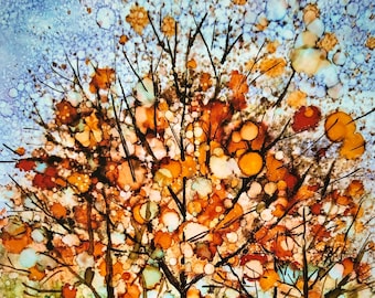 May include: An abstract painting of a forest scene. The artwork features trees with dark brown trunks and branches, adorned with orange and yellow circular shapes. The foreground shows green and blue grassy areas, and the background has a light blue sky with white spots.