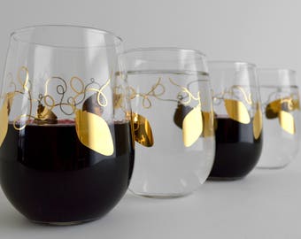 Metallic Gold Retro Christmas Lights Stemless Wine Glasses - Set of 4 Gold Christmas Glasses