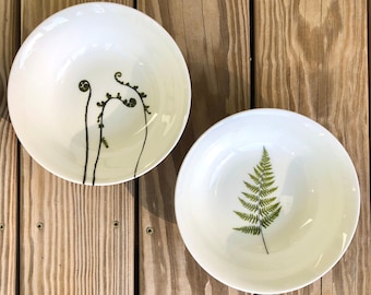 Fern & Fiddlehead Set of 2 Bowls, White Porcelain Serving Bowls - Pressed Botanical Dishes