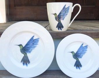 Hummingbird Teacup and Plate - Porcelain Rim Plates - Bird Lover Gift