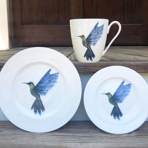 Hummingbird Teacup and Plate - Porcelain Rim Plates - Bird Lover Gift