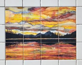 Lake Sunset Ceramic 12 Tile Mural : Indoor and Outdoor Use, Decorative Tile Backsplash, Wall Decor