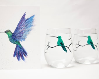 Hummingbird Stemless Wine Glasses Gift Set Collection - Mother's Day, Birthday Gift for her