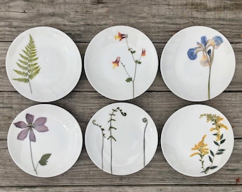 Juego de 6 platos de porcelana botánica con motivos florales y de helechos, duraderos y aptos para lavavajillas.
