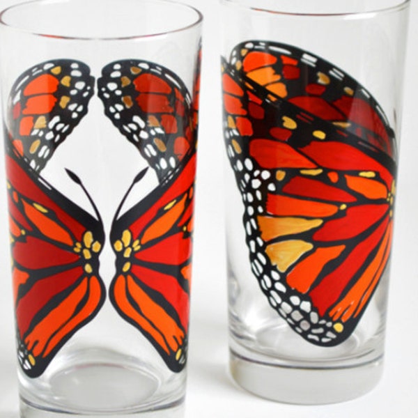 Monarch Butterfly Glass - Single Hand Painted Butterfly Glass - Orange Butterfly Glass - Hand Painted Glasses