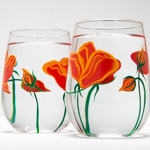 California Poppy Stemless Wine Glasses Hand Painted Gifts for Her, Mothers Day Glassware, Orange Flower Floral Glass image 4