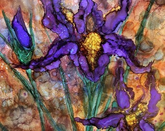 Purple Irises: Fine Art Print from alcohol ink painting
