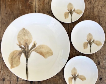 Pressed White Iris plates, floral decor, pressed flower plates, hostess gift, artist plates, decorative plates