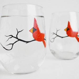 Red Cardinal Wine Glasses Set of 2 Red Bird Glasses, Christmas Glasses, Cardinal Glasses, Holiday Decor image 1