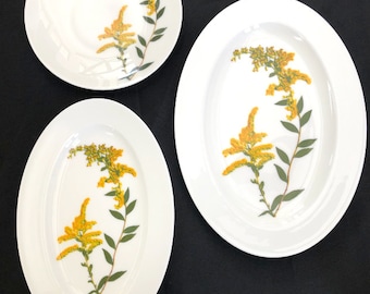 Goldenrod Flower Porcelain Oval White Platters - Dishwasher Safe