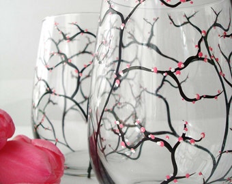 Pink Cherry Blossom Wine Glasses - Set of 2 Hand Painted Stemless Glasses