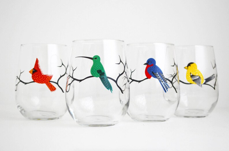 Four Birds Glassware 4 Everyday Water Glasses, Bird Glasses, Cardinal, Bluebird, Golden Finch, Hummingbird, Gifts for Her, Bird Lover image 6