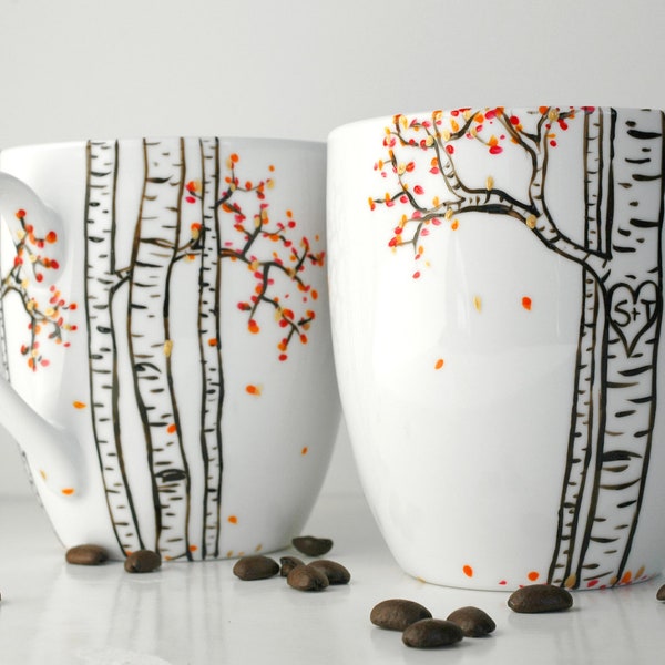 Autumn Aspen Forest - 2 Large Personalized Mugs - Hand Painted Mug, Custom Mug, Fall Coffee Mug