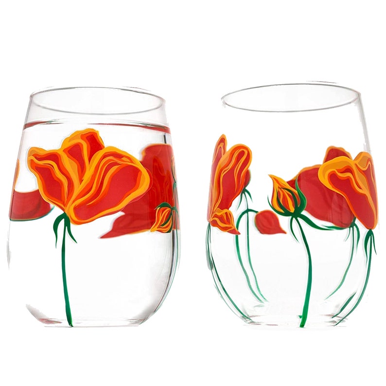 California Poppy Stemless Wine Glasses Hand Painted Gifts for Her, Mothers Day Glassware, Orange Flower Floral Glass image 1