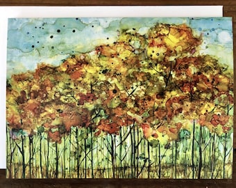 Autumn Forest : Blank Greeting Card, Fall Themed Alcohol Ink Artwork