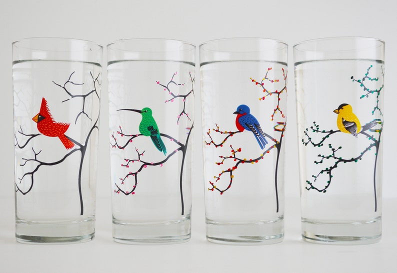 The Four Seasons Bird Glassware 4 Everyday 16 oz Glasses, Cardinal, Hummingbird, Finch and Bluebird Drinking Glasses, The Four Seasons image 1