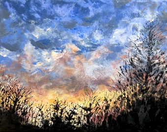 Original Encaustic Painting - 11 x 14 Inches - Winter Sunset Artwork