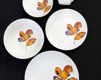 Yellow Fall Leaf Porcelain Plates - Pressed Hickory Leaf Dishes