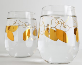 Metallic Gold Retro Christmas Lights Stemless Wine Glasses - Set of 2 Gold Christmas Glasses