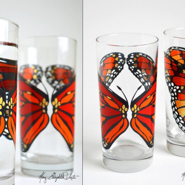 Orange Monarch Butterfly Glassware - Set of 2 Hand Painted Butterfly Glasses - Butterfly Wedding - Wedding Glasses