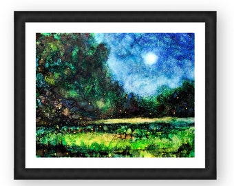 Fireflies : Art Print from Alcohol Ink Artwork, Summer Night Lightening Bug Painting