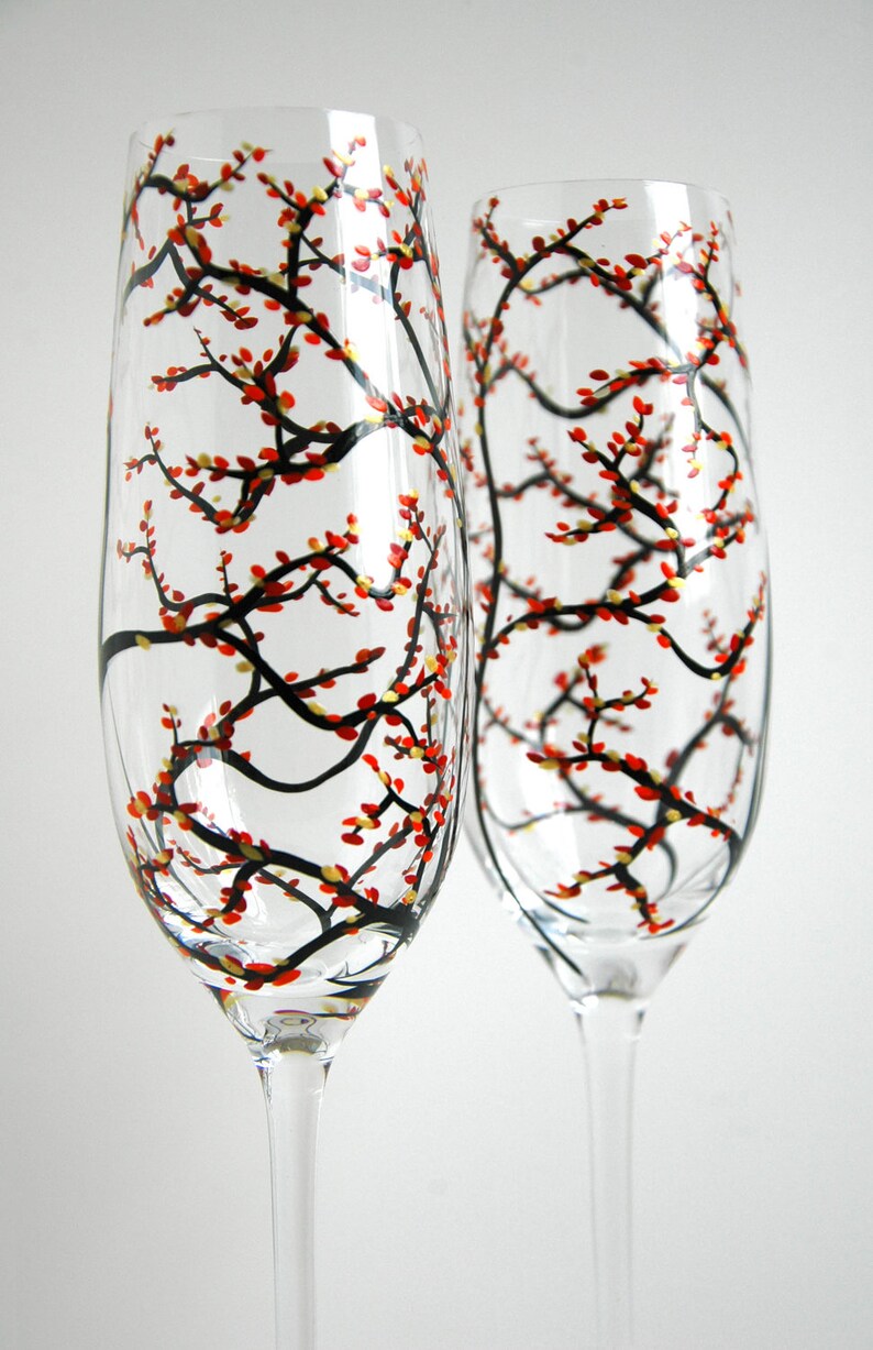 Fall Wedding Toasting Flutes Set of 2 Personalized Hand Painted Champagne Flutes Personalized Wedding Flutes, Fall Wedding Glasses image 1