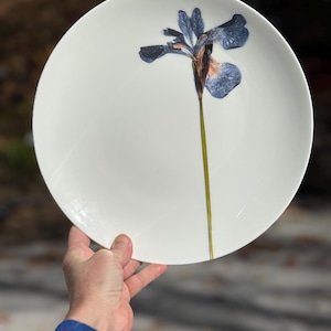 May include: White ceramic plate featuring a detailed illustration of a blue and purple iris flower. The flower's stem is green, and the plate is held by a person wearing a blue sweater.