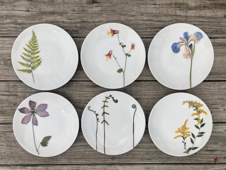 Set of 6 Botanical Porcelain Plates, Fern and Floral Dishes, Durable and Dishwasher Safe image 1