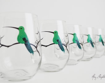 Green Hummingbird Stemless Glasses - Set of 6 Hummingbird Glasses - Mother's Day, Hummingbirds, Green Hummingbirds, Hummingbird Artwork