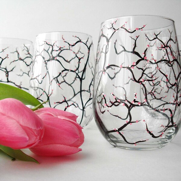 Spring Cherry Blossom Stemless Wine Glasses - Set of 4 Hand Painted Glasses - Mothers Day Gift