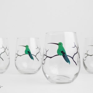 Hummingbird Stemless Wine Glasses - Mother&#39;s Day Glassware, Green Bird Lover Gift