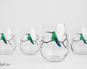 Hummingbird Stemless Wine Glasses - Mother's Day Glassware, Green Bird Lover Gift