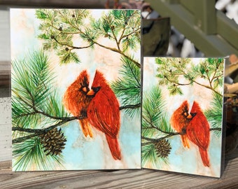 Cardinal Love Birds : Fine Art Print, Christmas Painting