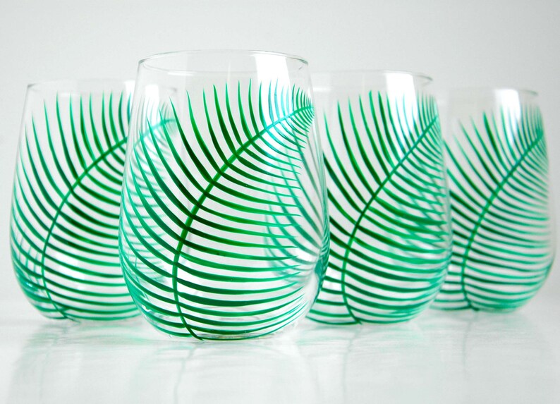Green Ferns Stemless Wine Glasses Set of 4 Hand Painted Fern Etsy