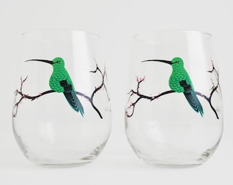 Hummingbird Glass - Set of 2 Hand Painted Stemless Glasses, Mothers Day Gift, Mother's Day, Cherry Blossoms, Cherry Tree