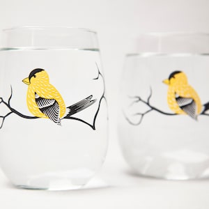 Golden Finch Stemless Wine Glasses - Yellow Finch Silkscreen Printed Glassware Collection, Mother&#39;s Day Gift