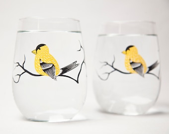Golden Finch Stemless Wine Glasses - Yellow Finch Silkscreen Printed Glassware Collection, Mother's Day Gift