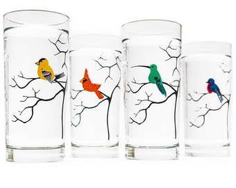 Four Birds Glassware - 4 Everyday Water Glasses, Bird Glasses, Cardinal, Bluebird, Golden Finch, Hummingbird, Gifts for Her, Bird Lover