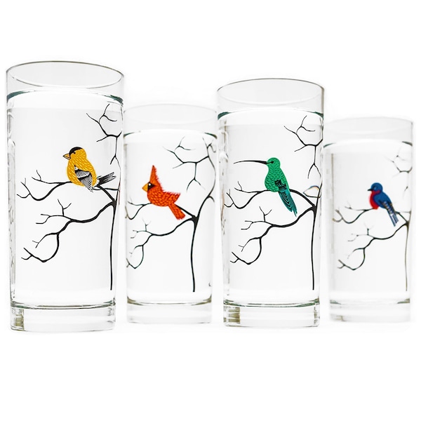 Four Birds Glassware - 4 Everyday Water Glasses, Bird Glasses, Cardinal, Bluebird, Golden Finch, Hummingbird, Gifts for Her, Bird Lover