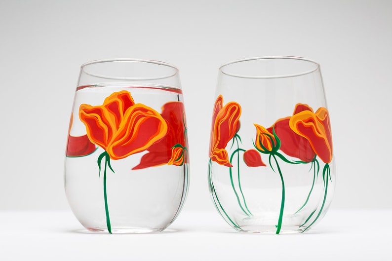 California Poppy Stemless Wine Glasses Hand Painted Gifts for Her, Mothers Day Glassware, Orange Flower Floral Glass image 2