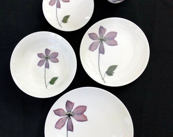 Purple Clematis Porcelain Plates - Pressed Floral Dishes