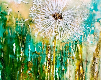 Wish : Dandelion Greeting Card, Birthday Card, Botanical Encaustic Wax Artwork