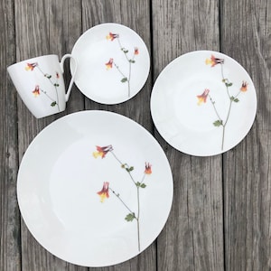 Columbine Flowers Porcelain Plates, Cups, and Bowls, Red Pressed Flower Botanical Dishes