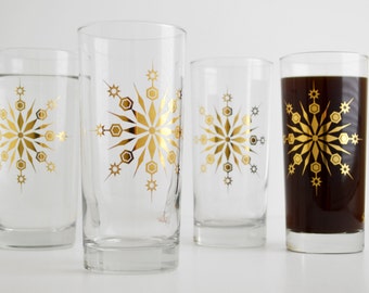 Metallic Gold Snowflake Glasses - Highball Holiday Glassware, Christmas Decor