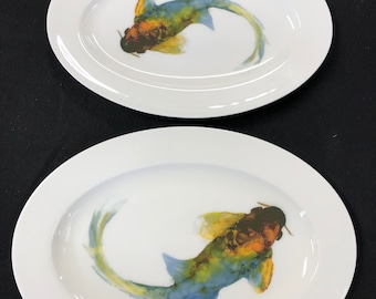 Koi Fish Porcelain Oval White Platters - Dishwasher Safe